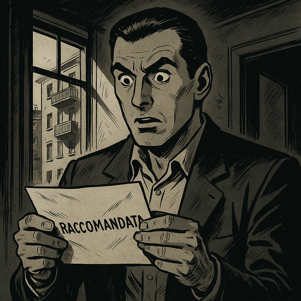 immagine stile diabolic di un uomo con una busta bianca con scritto raccomandata